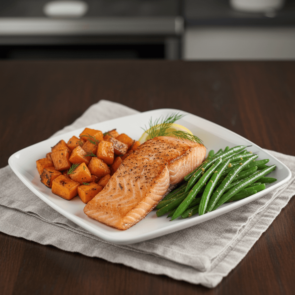 Salmon with roasted vegetables and sweet potato