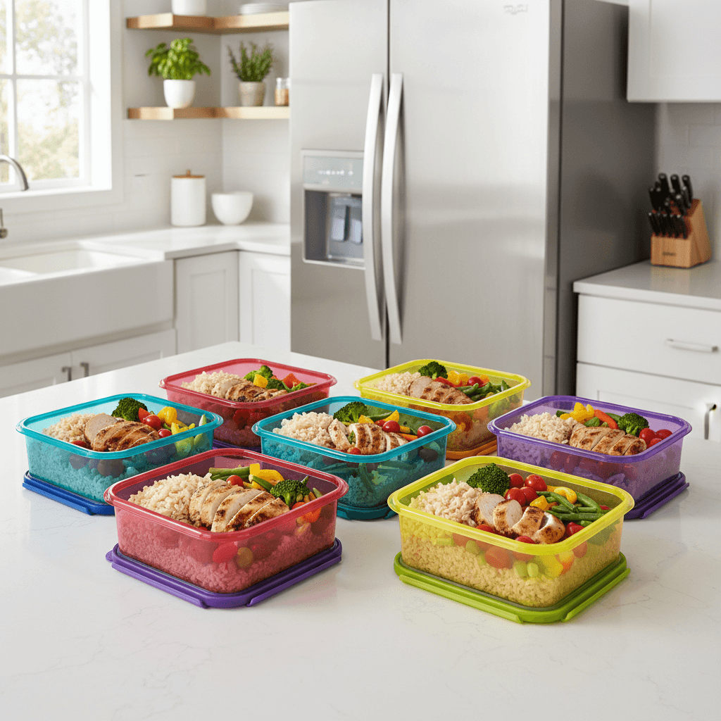 Grilled chicken with rice and vegetables in meal prep container