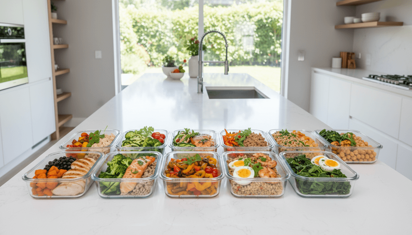 Fresh, colorful meal prep containers with balanced portions of vegetables, grains, and protein in a modern kitchen