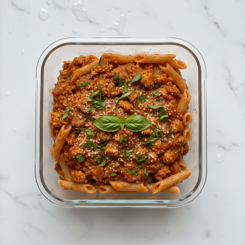 Turkey pasta with tomato sauce in meal prep box