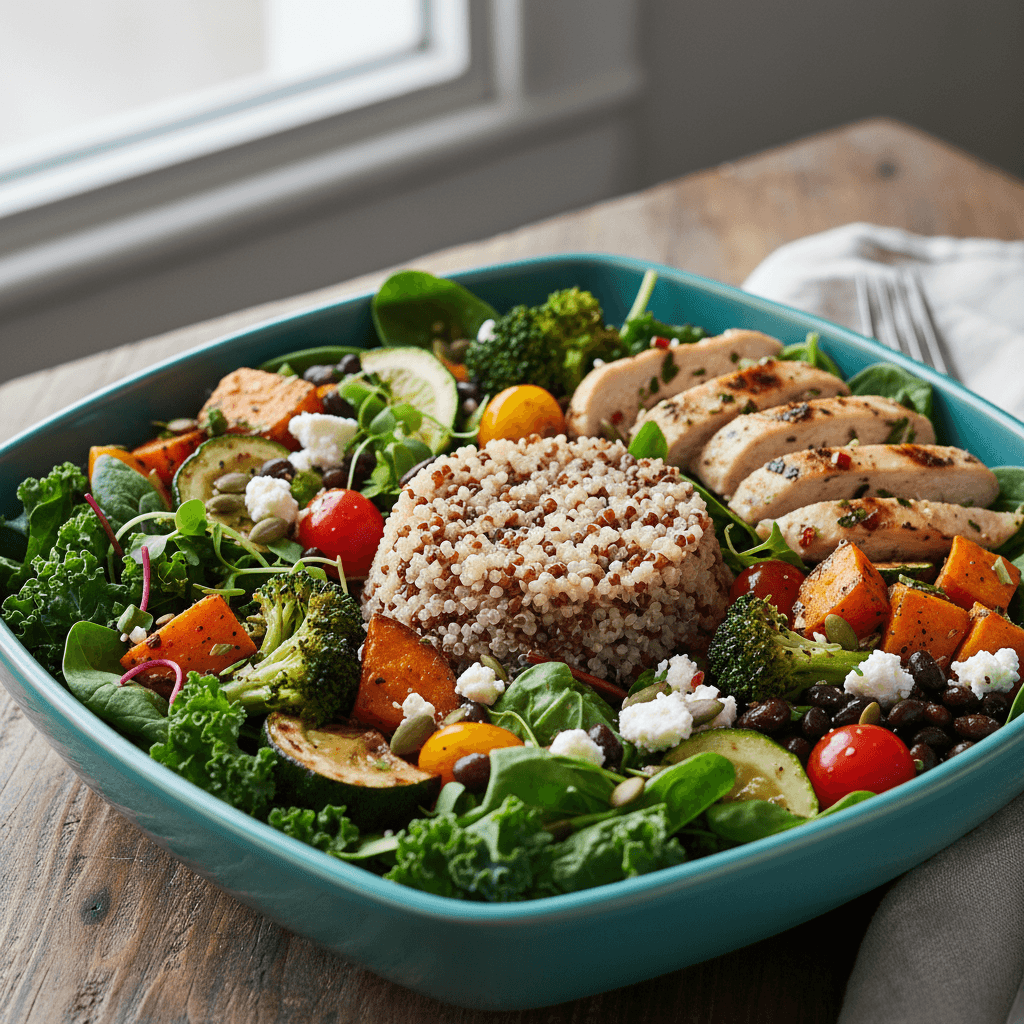 Quinoa salad with fresh vegetables and protein