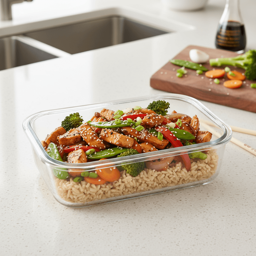 Stir fried chicken with vegetables and rice