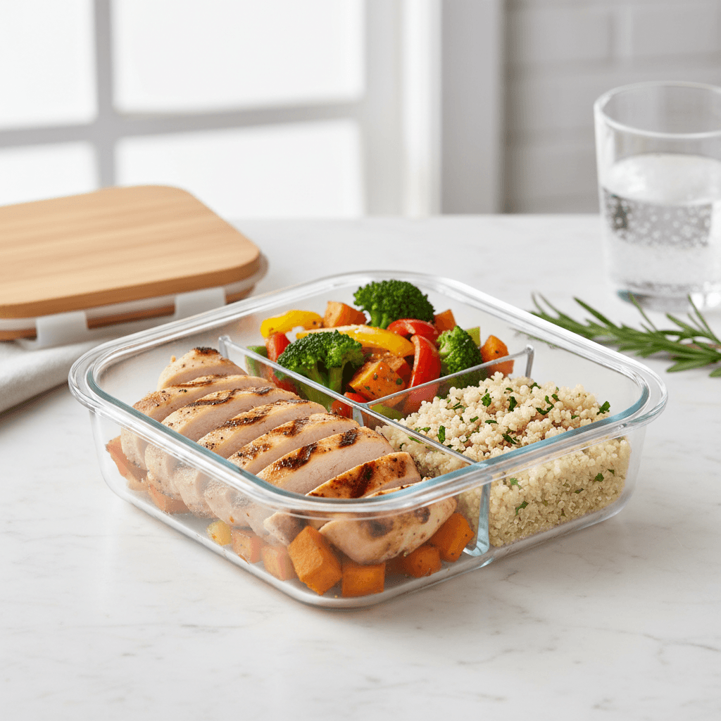 Colorful meal prep containers with fresh vegetables, grilled chicken, and brown rice in a modern kitchen