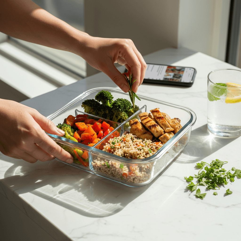 Prepared healthy meal in container